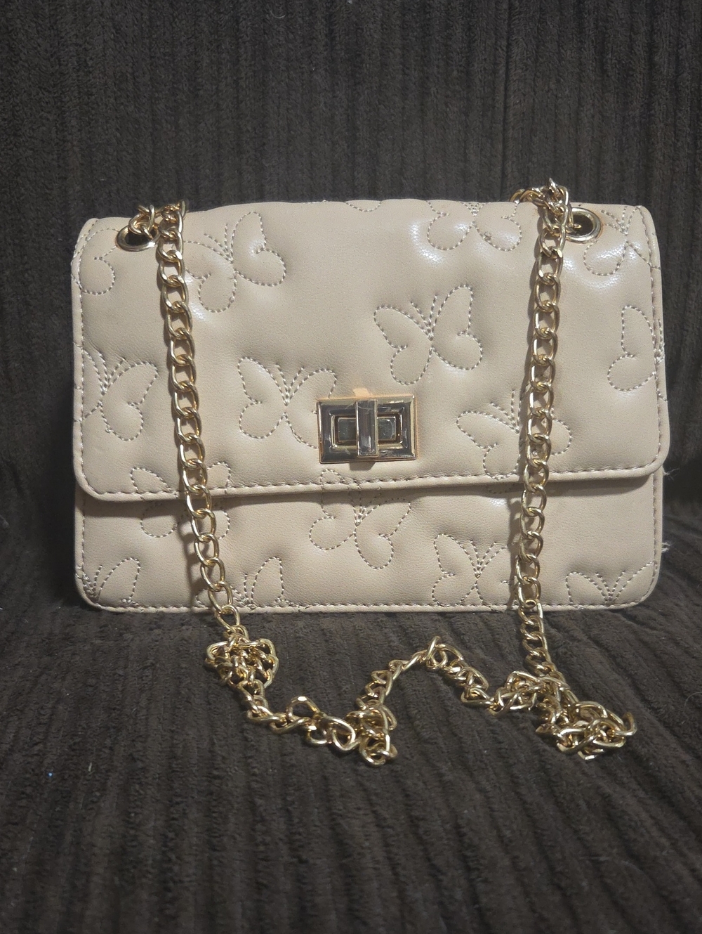 Cream/Tan Quilted Butterfly Crossbody or Shoulder Bag with Gold Chain